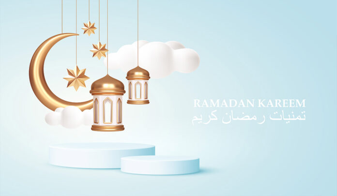 Ramadan Kareem 3d realistic symbols of arab islamic holidays. Crescent moon, stars, lanterns. Arabic translation Ramadan Kareem wishes. Vector illustration